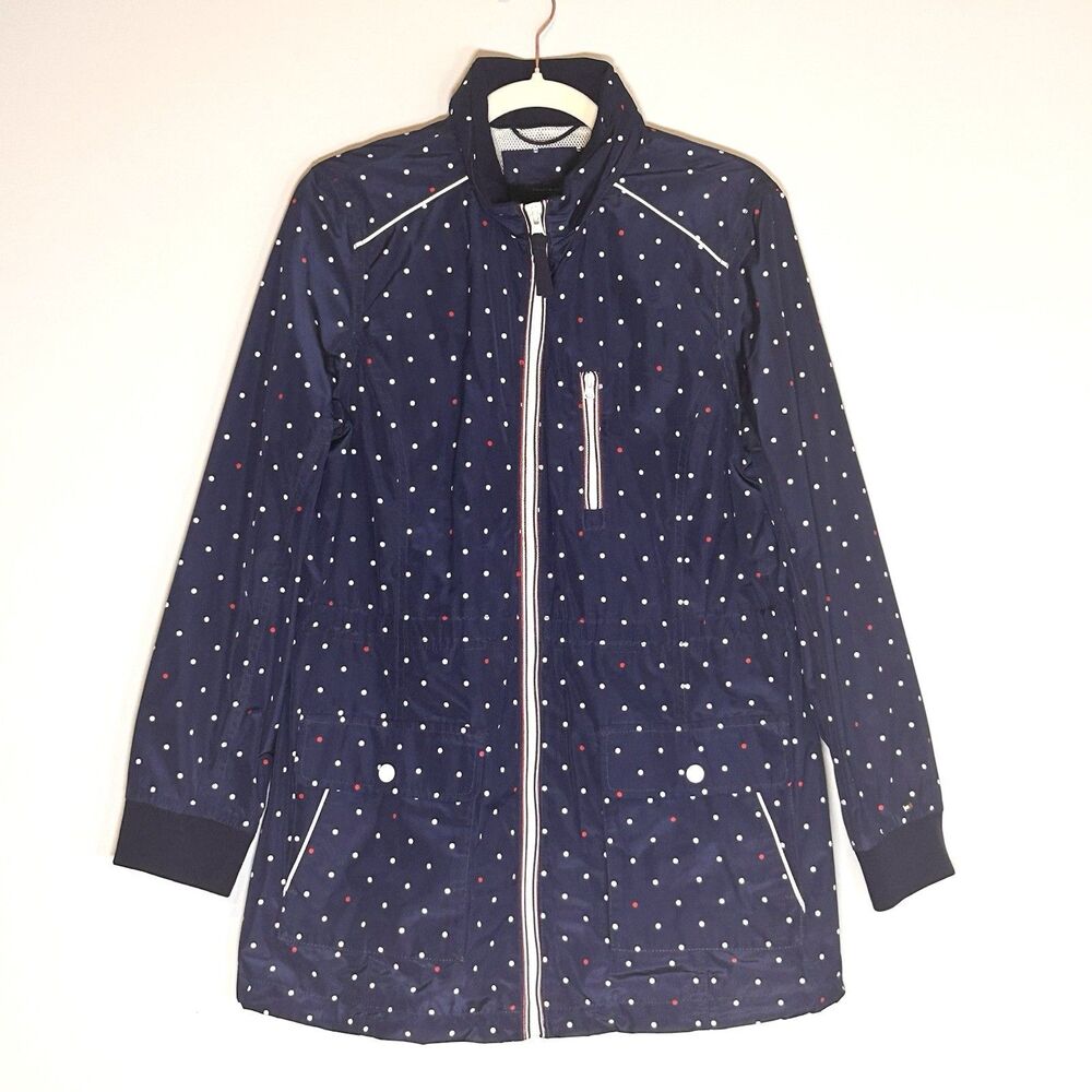 Tommy Hilfiger Polka Dot Rain Jacket Womens Large Navy Packable Hood Windbreaker